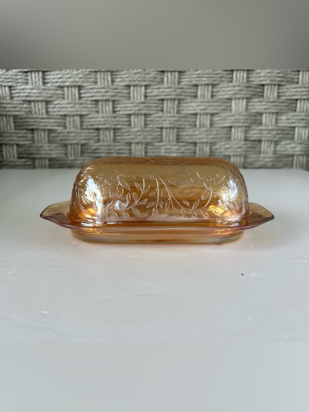 Vintage Jeannette Glass Floragold Louisa Marigold Carnival Covered Butter dish